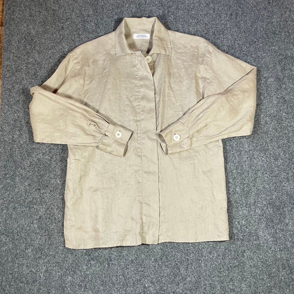 Vintage Linen Button Down Shirt Womens 6 Beige Tan Long Sleeve‎ Hidden Placket